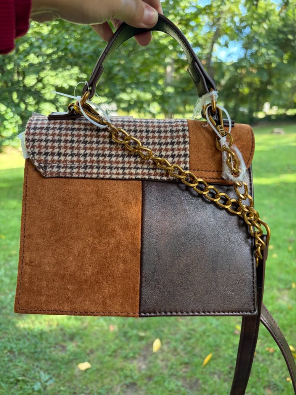 NWT Betsey Johnson Brown Burberry Style Patchwork Dog Crossbody Satchel - Picture 5 of 8